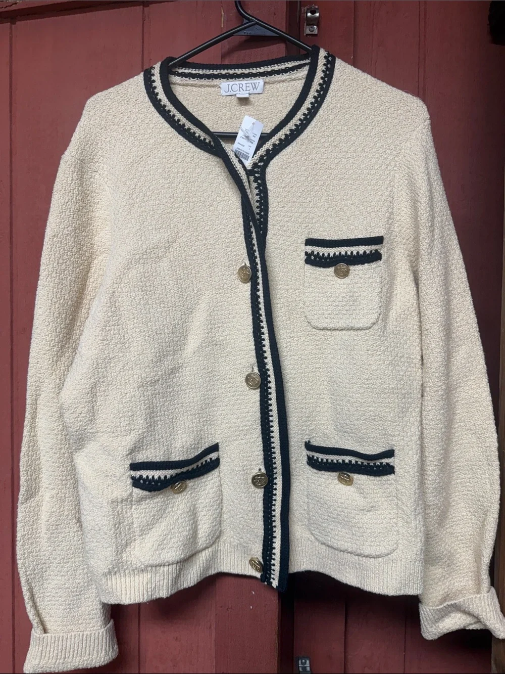 J. Crew Cream Bouclé Cardigan with Black Trim and Gold Buttons